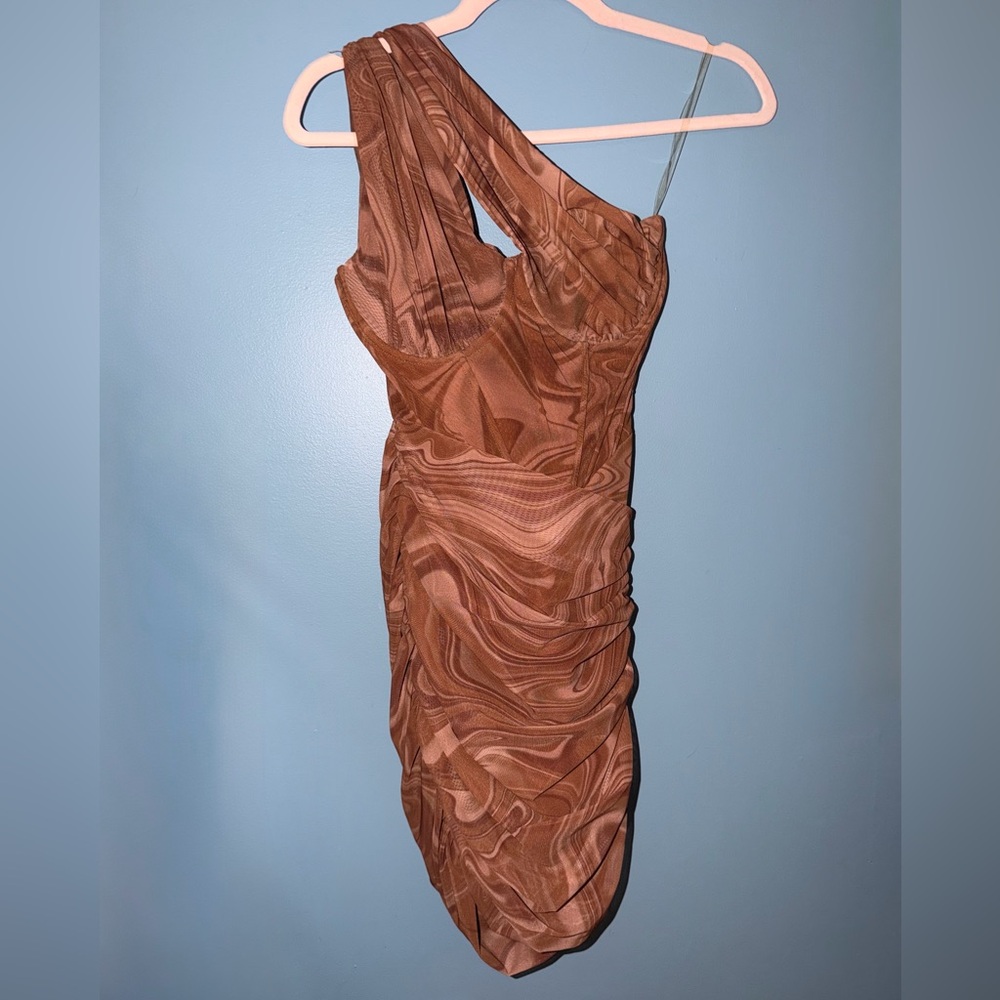 House of CB One-Shoulder Brown Marble Bodycon Dress